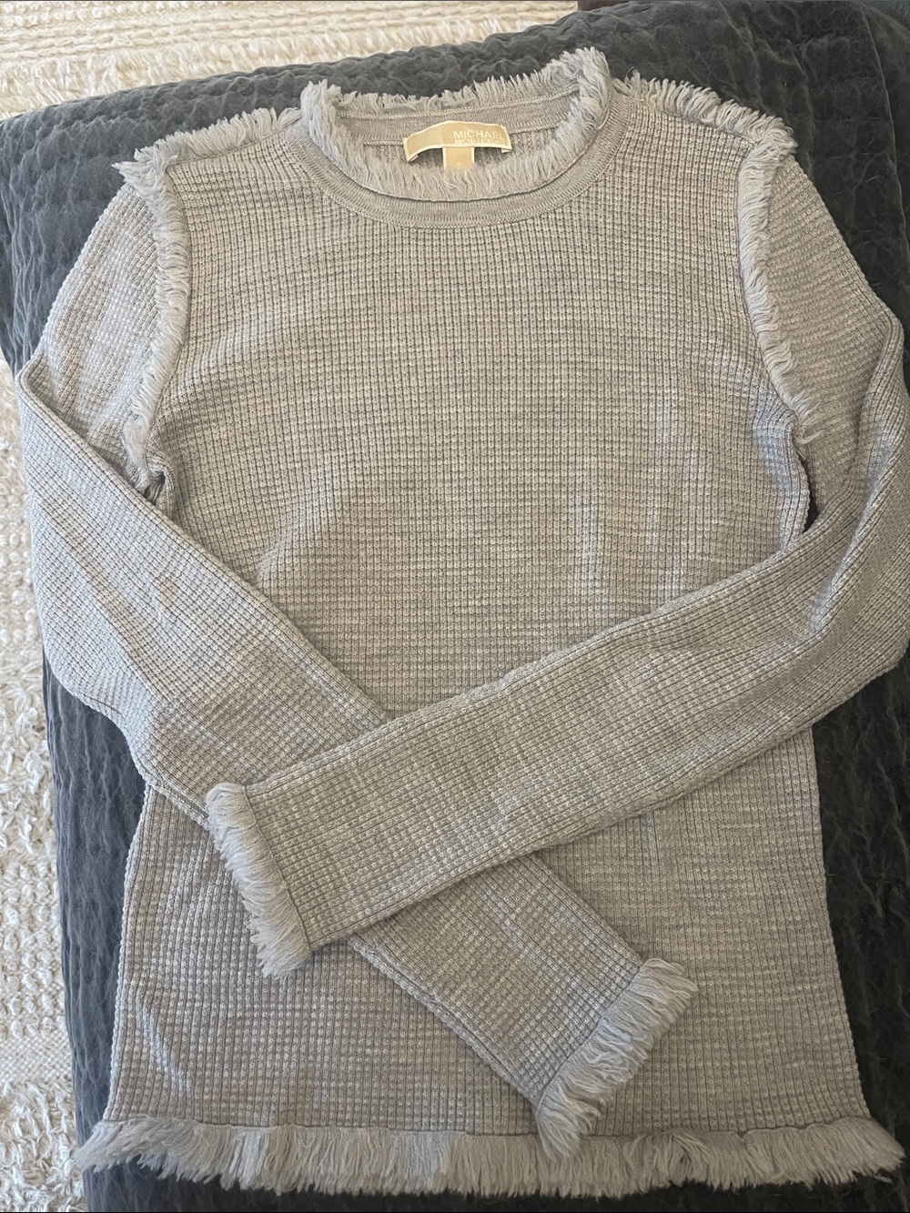 MICHAEL Michael Kors Light Gray Waffle Fringe Crewneck Sweater